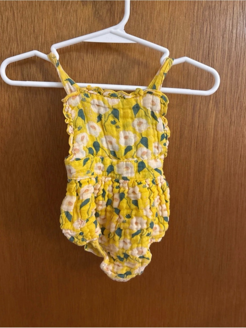 Angel Dear Yellow Floral Smocked Romper with Green Leaf Print
